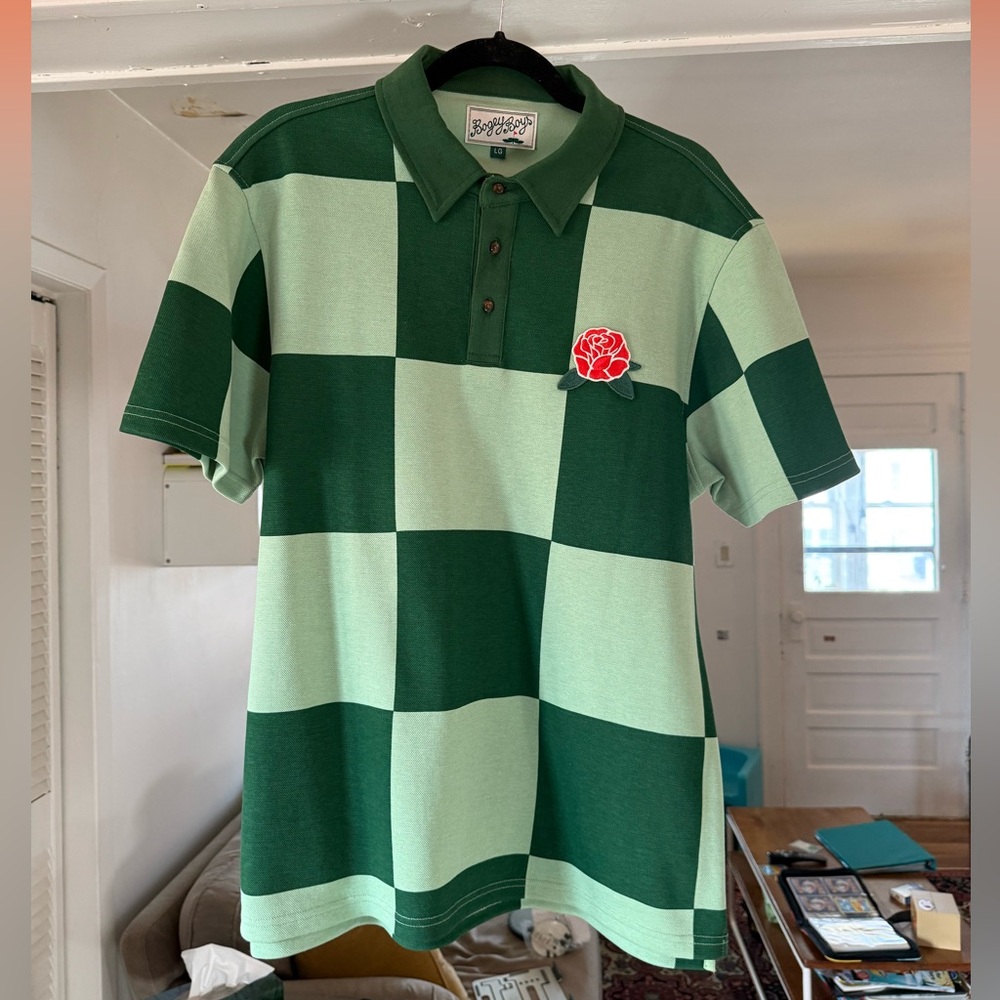 Bogey Boys Green Checkered Polo Rose Large Men’s L Golf Shirt